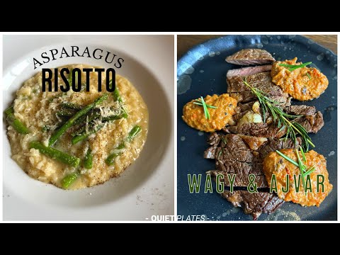 Friday night cooking | Asparagus risotto, wagy ribeye, homemade Ajvar | at bar; paperplane | ASMR