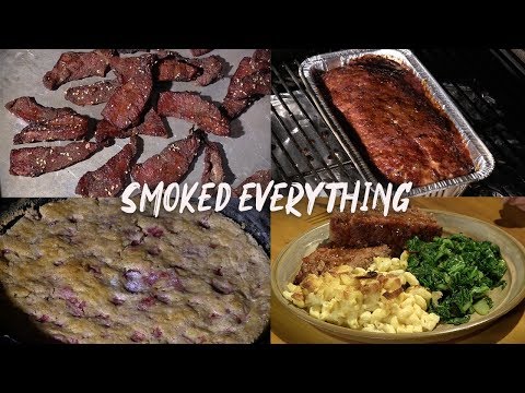 Full Meal on the Smoker: Beef Jerky, BBQ Meatloaf, Cherry Cobbler, Mac & Cheese