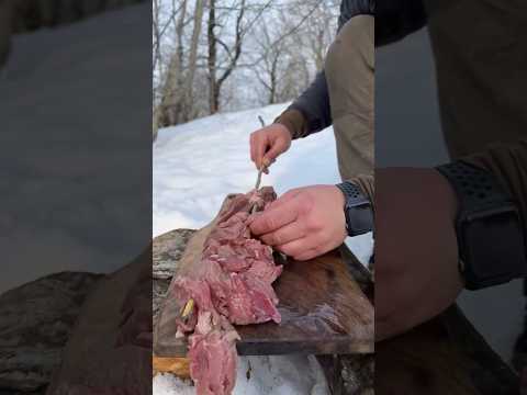 Goat meat barbecue in snow ❄️🌭#goat #meat #barbecue #camping #snowfall #cooking #shorts
