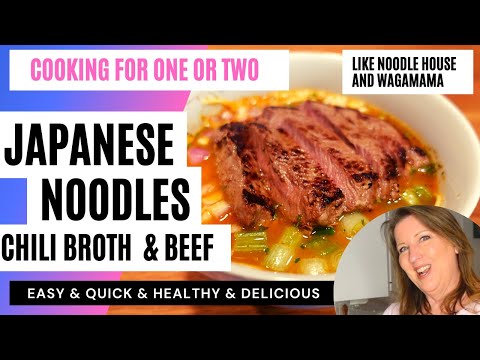 Japanese Noodle Soup Beef Steak Chili Broth Fresh Vegetables, Easy, Quick Cooking for One or Two
