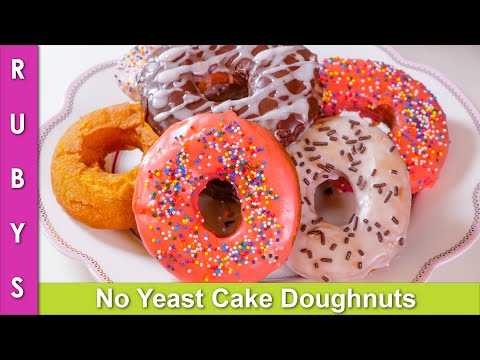 No Yeast Cake Doughnuts with Chocolate, White, & Pink Glaze Recipe in Urdu Hindi – RKK