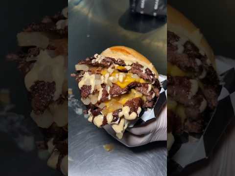 This QUADRUPLE STACKED SMASH BURGER in NYC is the ULTIMATE CHEAT MEAL. 🍔🍔🍔🍔 #DEVOURPOWER