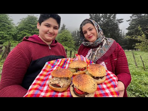 Very Tender and Juicy, Ultimate Burger Made in Village 🍔 The Joy of Baking Pan Bread on Camp Fire